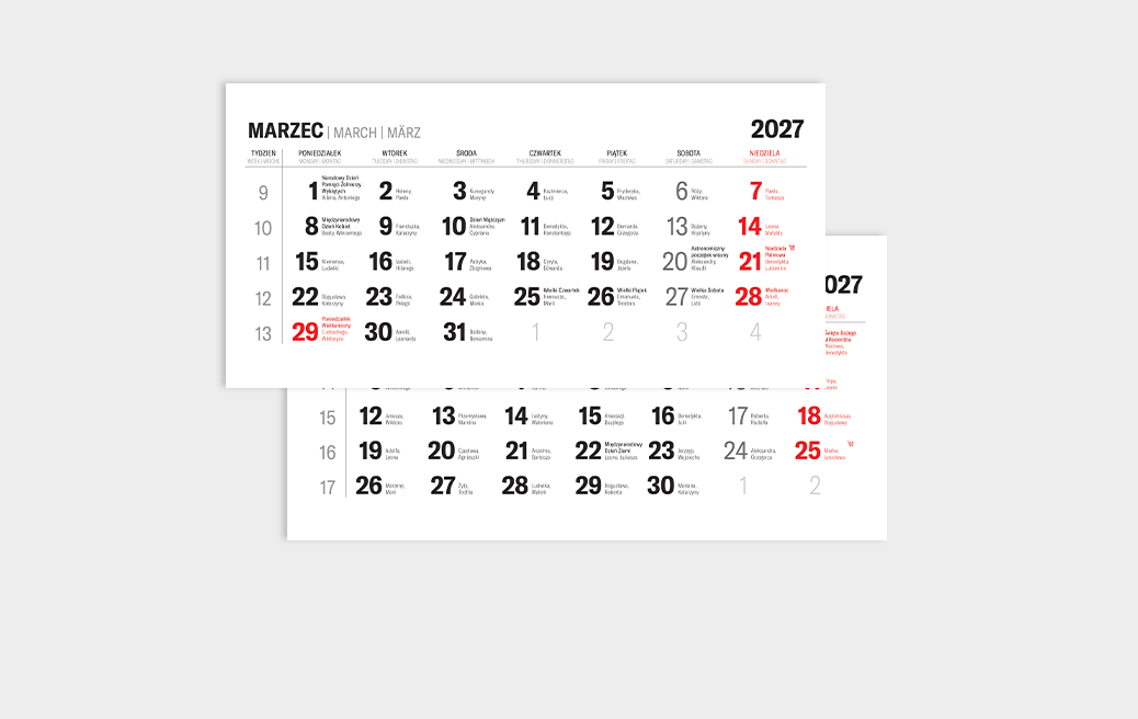 Kalendarium do kalendarza trójdzielnego na rok 2027 – układ miesięczny z czytelnymi datami i oznaczeniami świąt