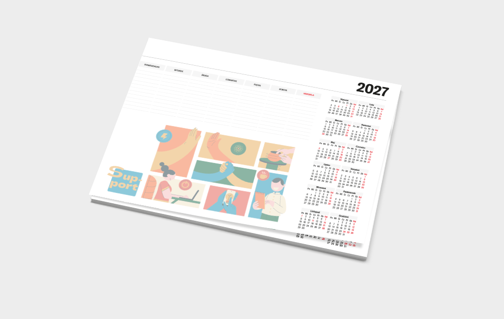 Biuwar – podkład na biurko z kalendarzem na 2027 rok i kolorową grafiką, widok z góry